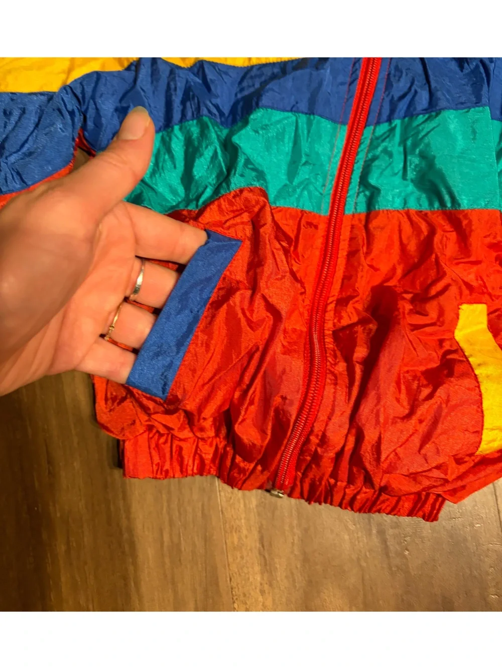 Kids Vintage Red Colorblock Puffer Jacket with Blue, Teal & Yellow Accents